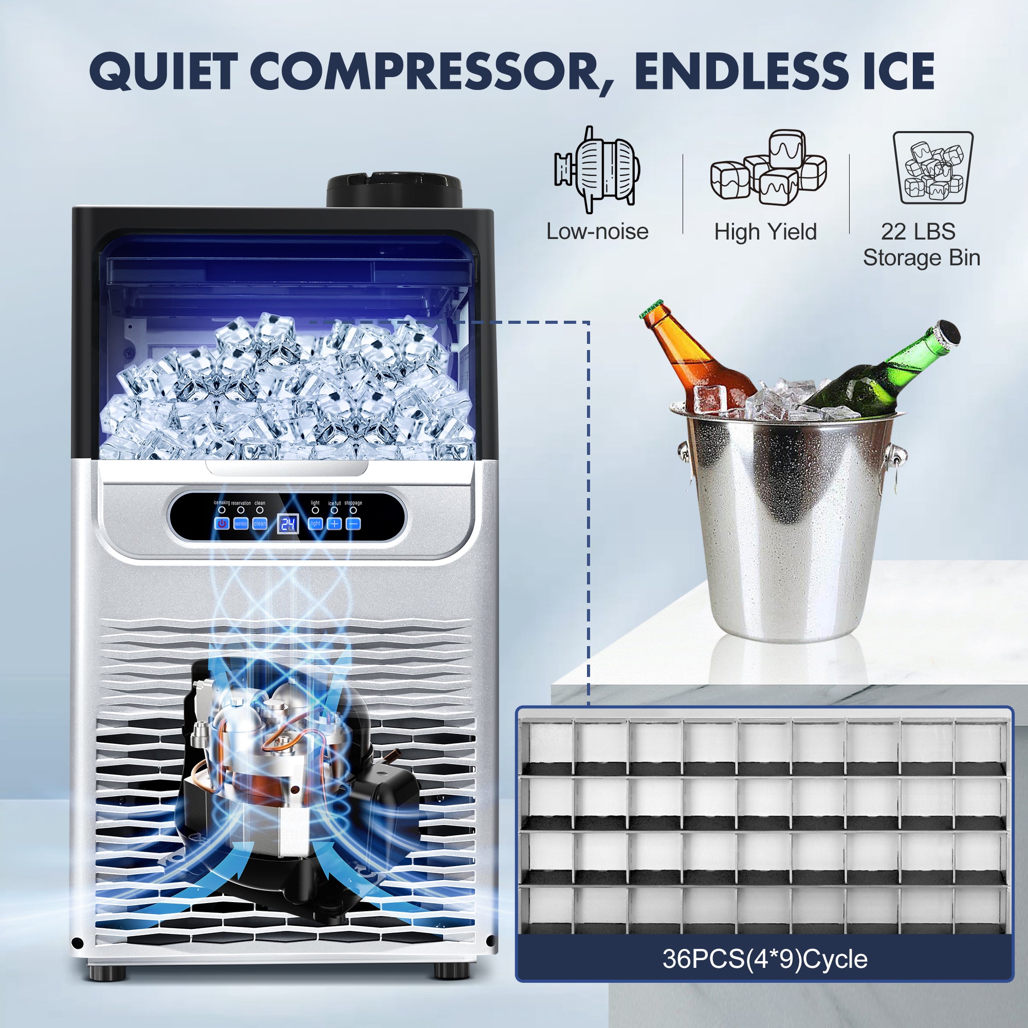 ICAT36SL001A - 100LBS/24H Commercial Ice Maker Machine, 36 Cubes/Cycle with 22LBS Storage for Home