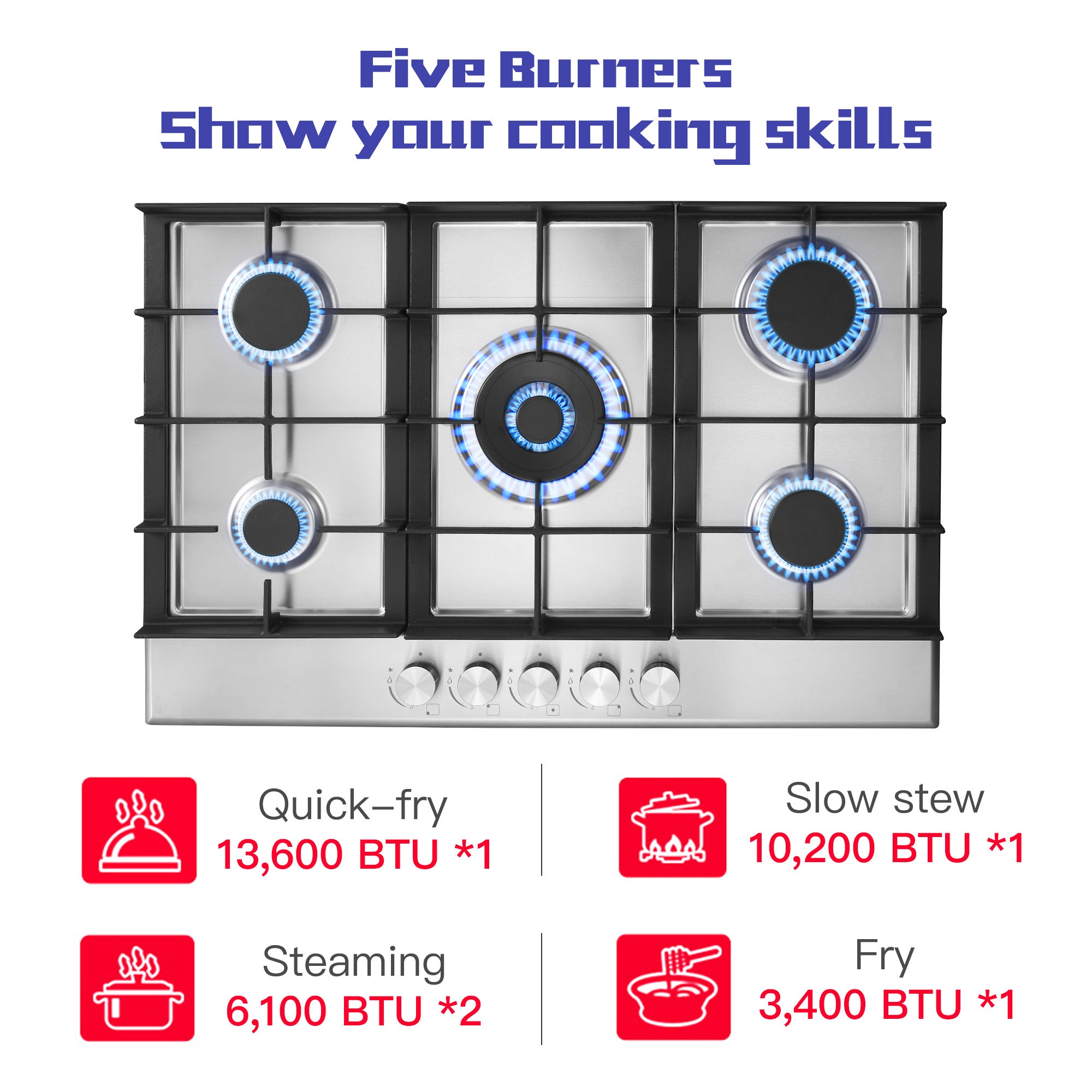 GC002-305S - 30 inch - 5 Burners Built-in Stainless Steel Gas Cooktop