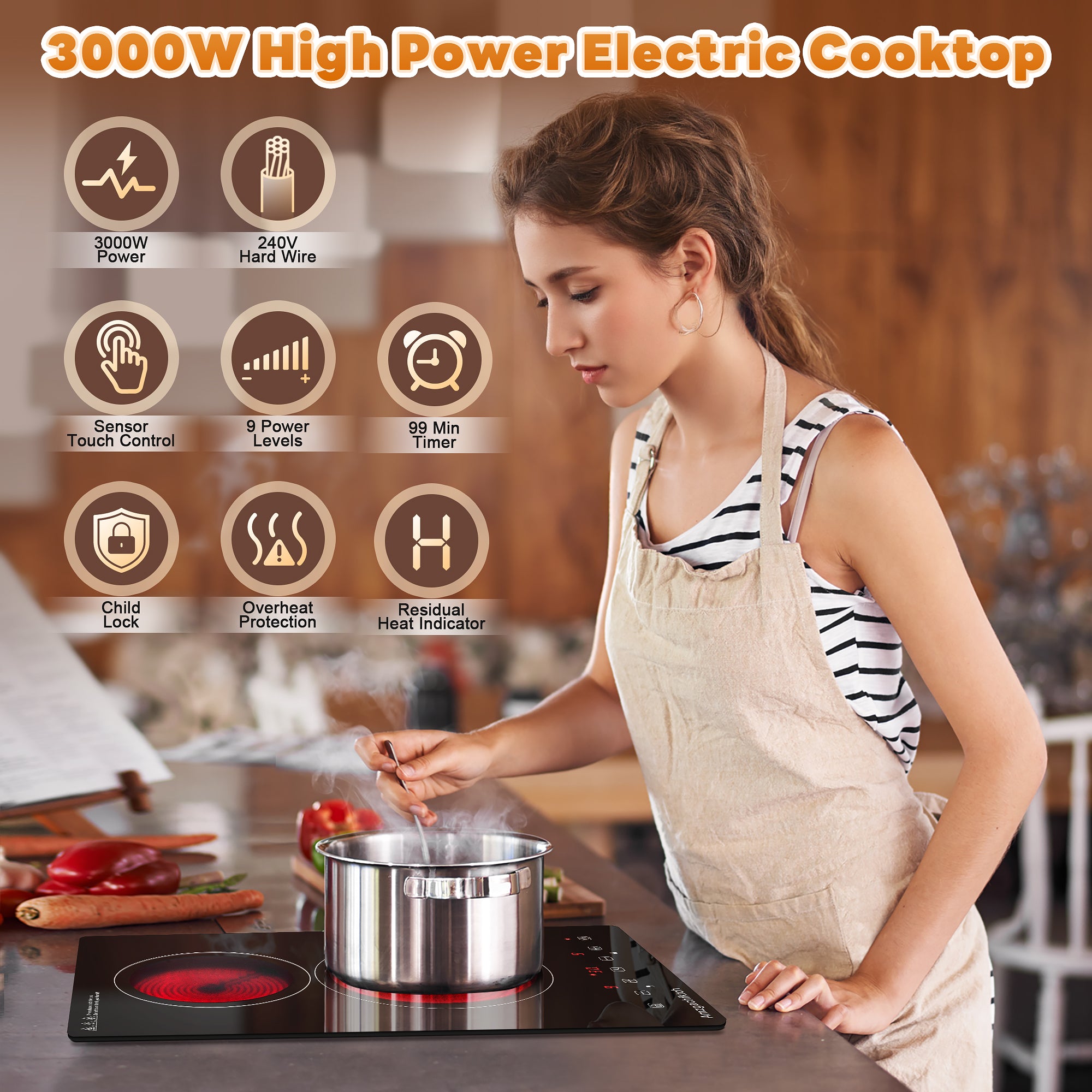 SK001-122BE- 12 Inch Built-in 2 Burner Electric Cooktop- 3000W, 220V~240V
