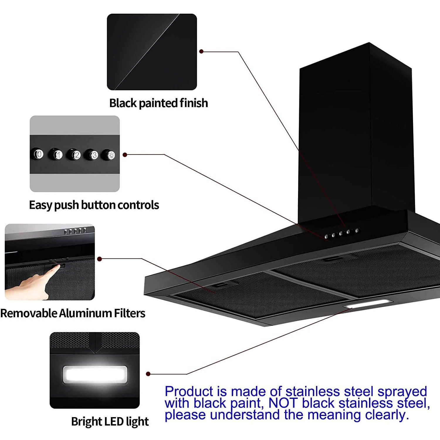 Tieasy 24 inch Wall Mount Black Range Hood Ducted/Ductless Convertible - GD1760BPA