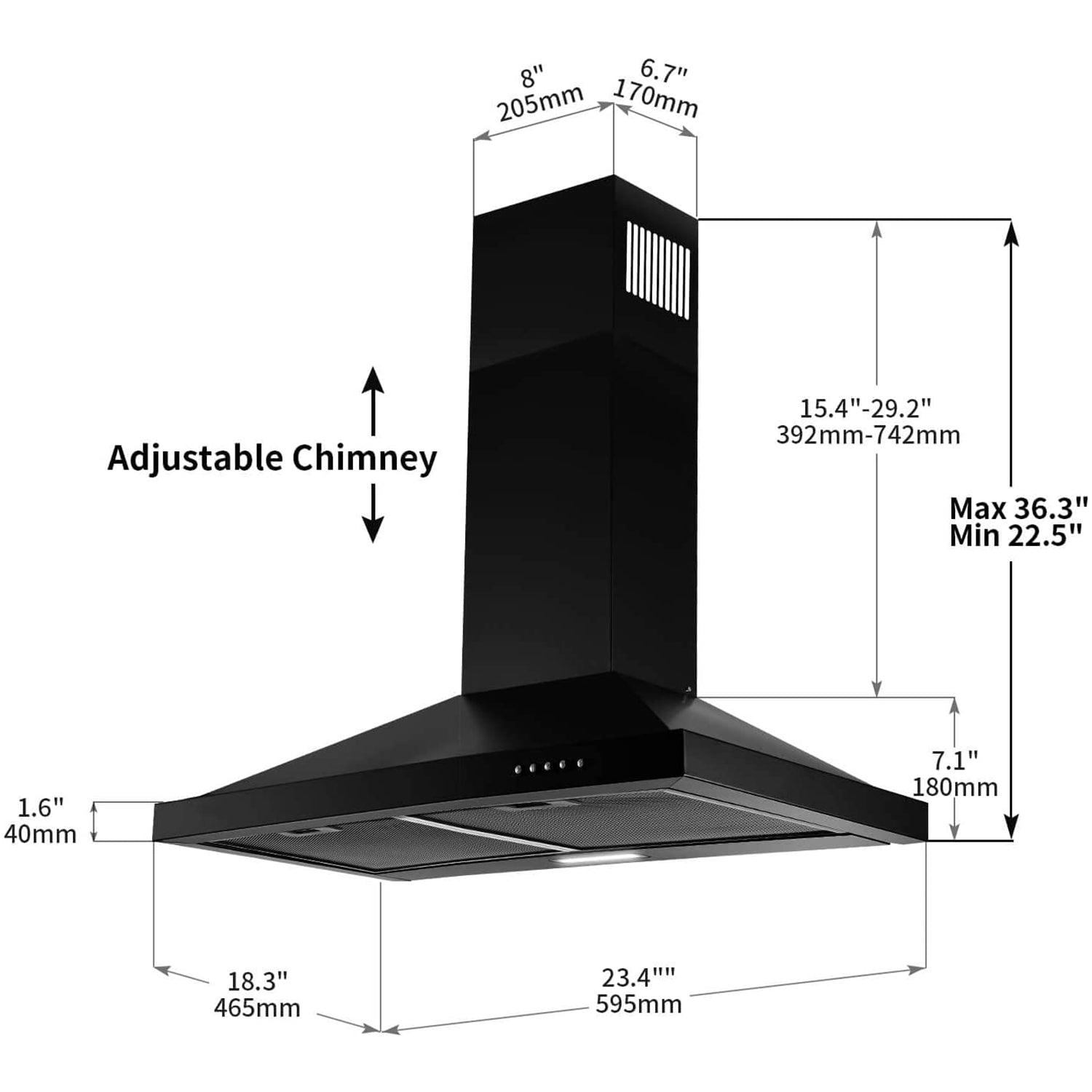 Tieasy 24 inch Wall Mount Black Range Hood Ducted/Ductless Convertible - GD1760BPA