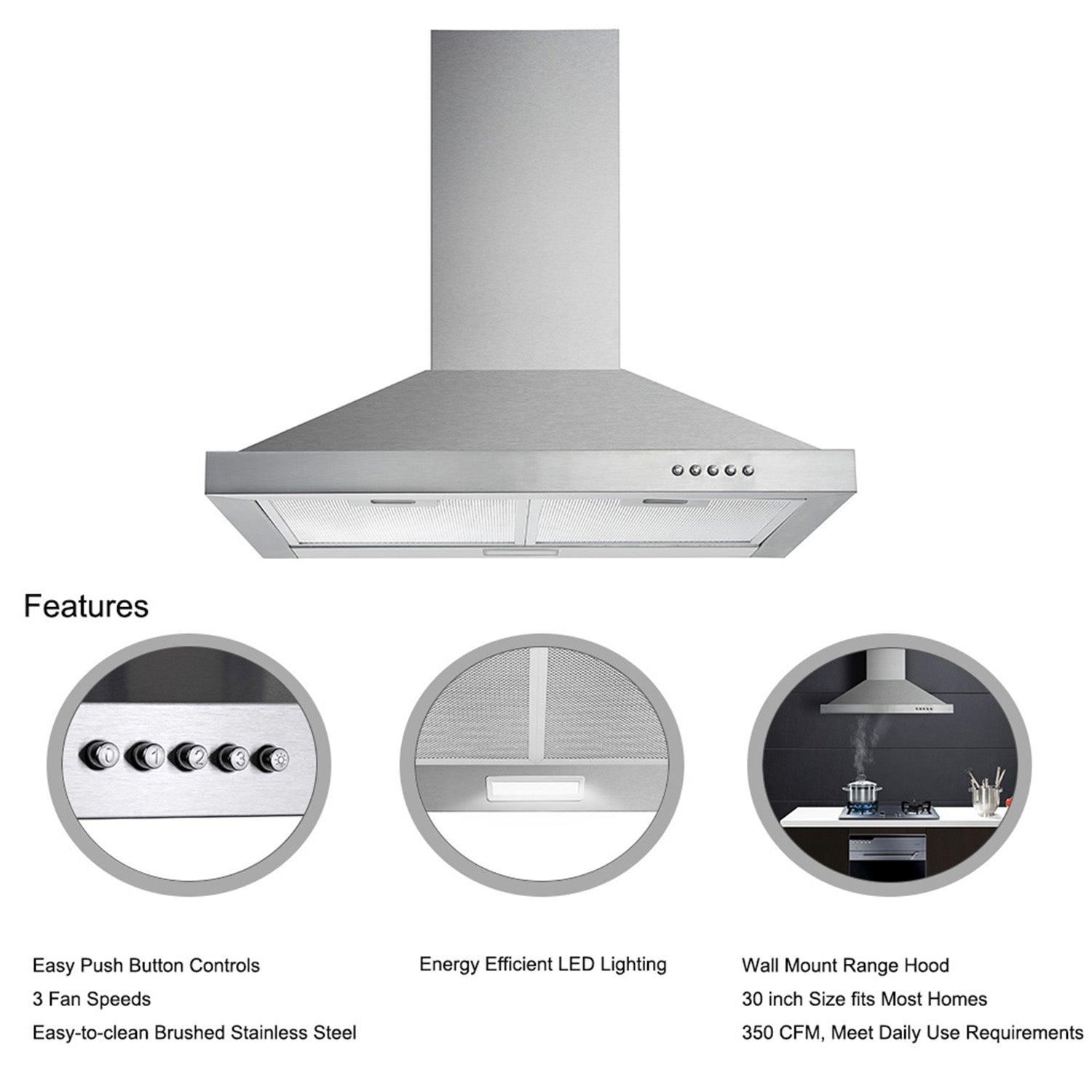 Tieasy 30 inch Stainless Steel Wall Mount Range Hood 3 Speed 450 CFM Vent Hood