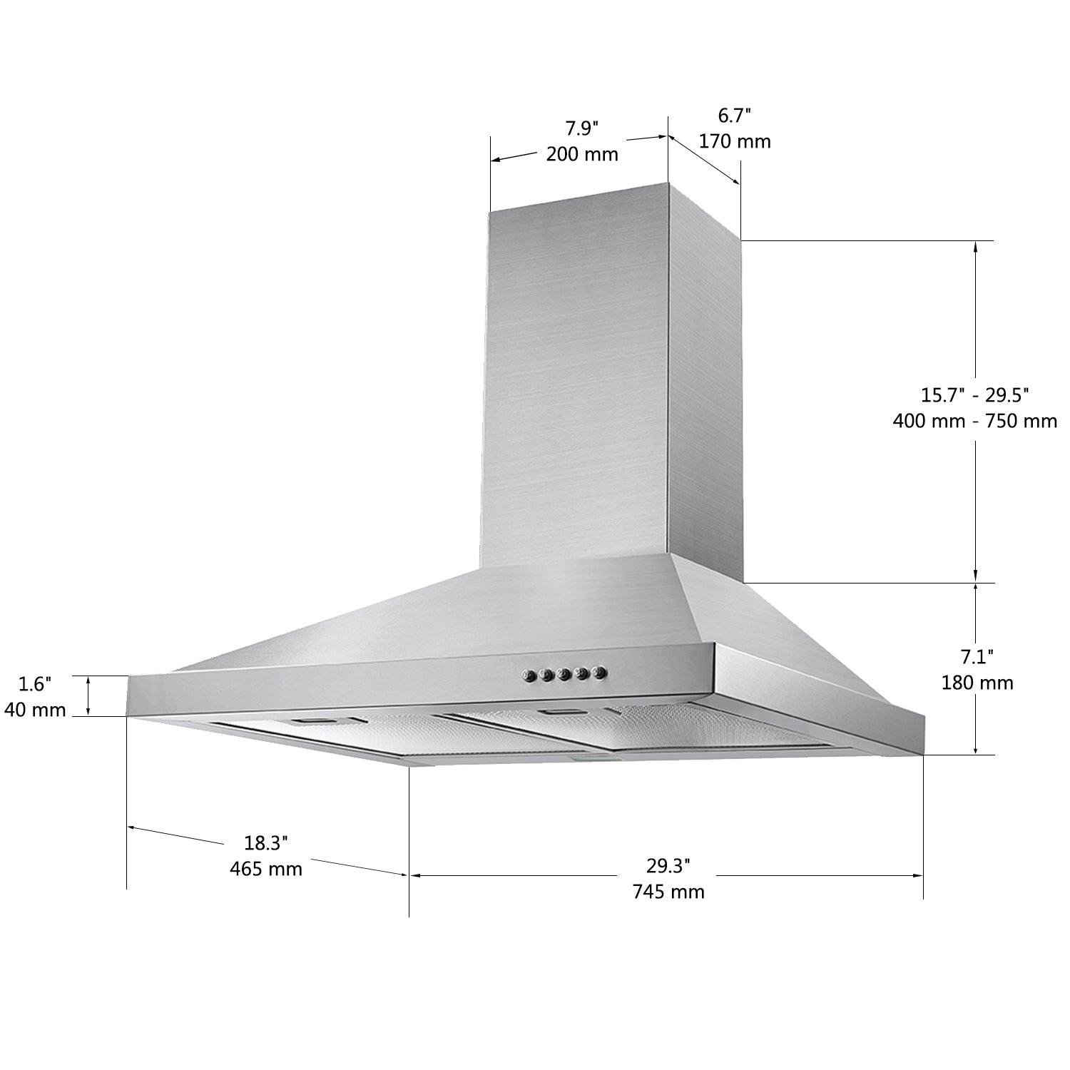 Tieasy 30 inch Stainless Steel Wall Mount Range Hood 3 Speed 450 CFM Vent Hood