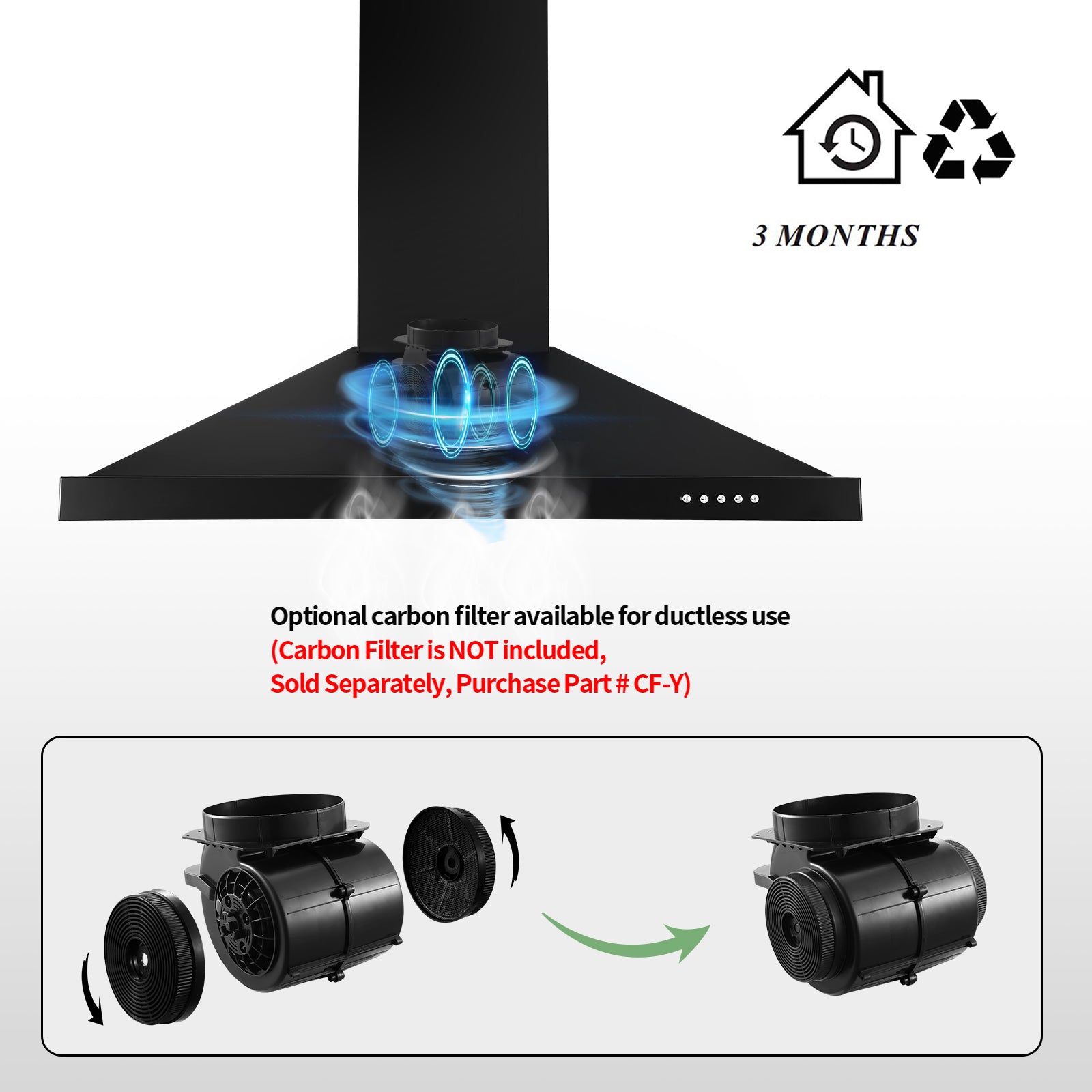 Tieasy 30 inch Wall Mount Range Hood Black 450 CFM DuctedDuctless w 3 Speed Fan