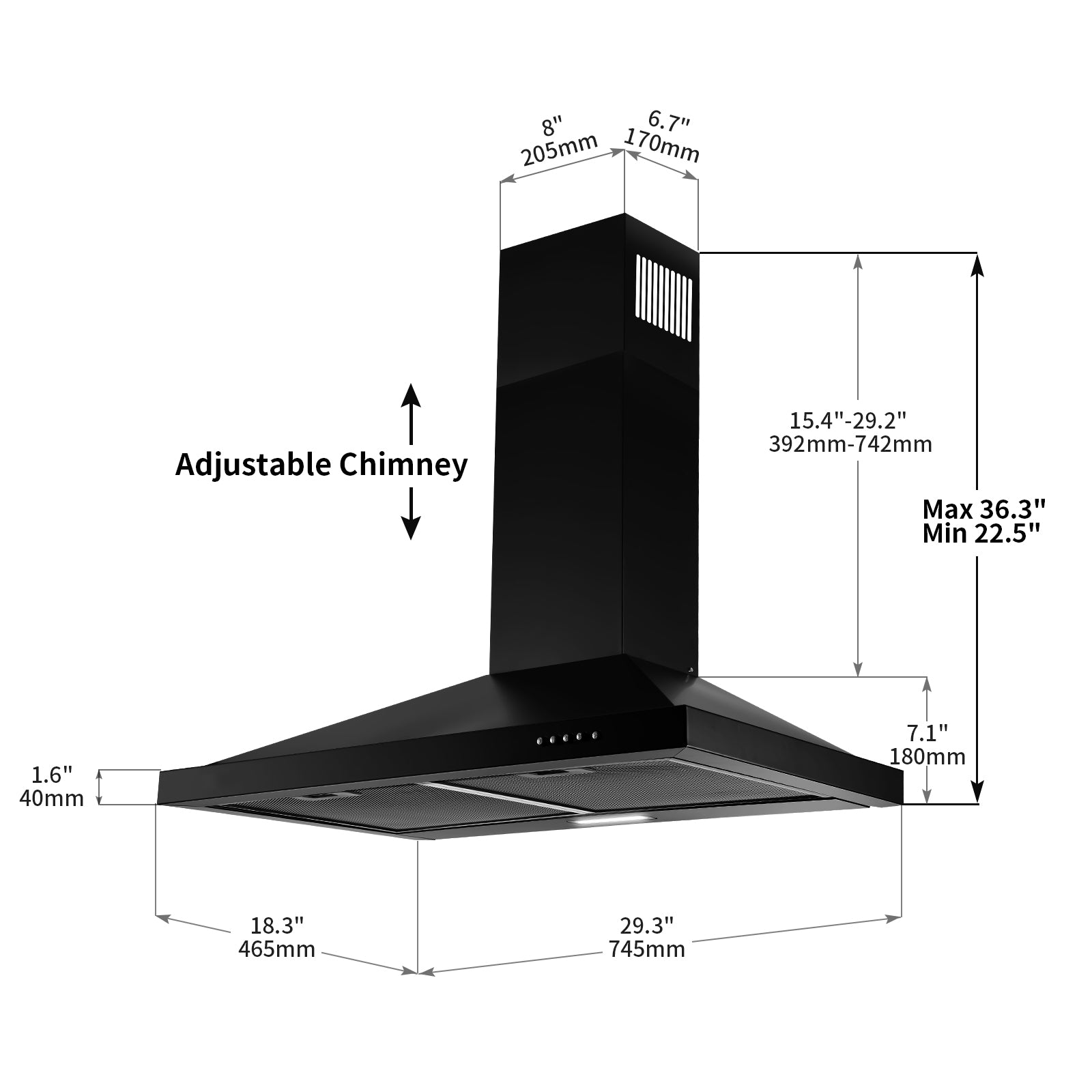 Tieasy 30 inch Wall Mount Range Hood Black 450 CFM DuctedDuctless w 3 Speed Fan