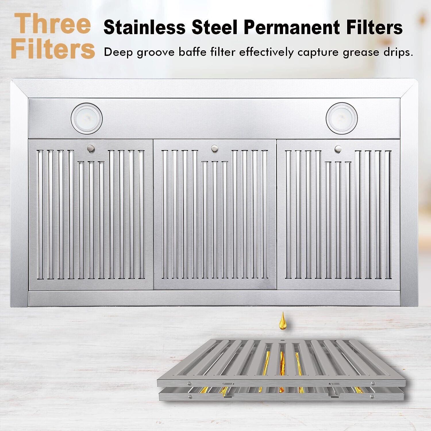 Tieasy 36in Wall Mount Hood Stainless Steel Kitchen Stove Vent 700CFM 3-Speed Fan - 1090