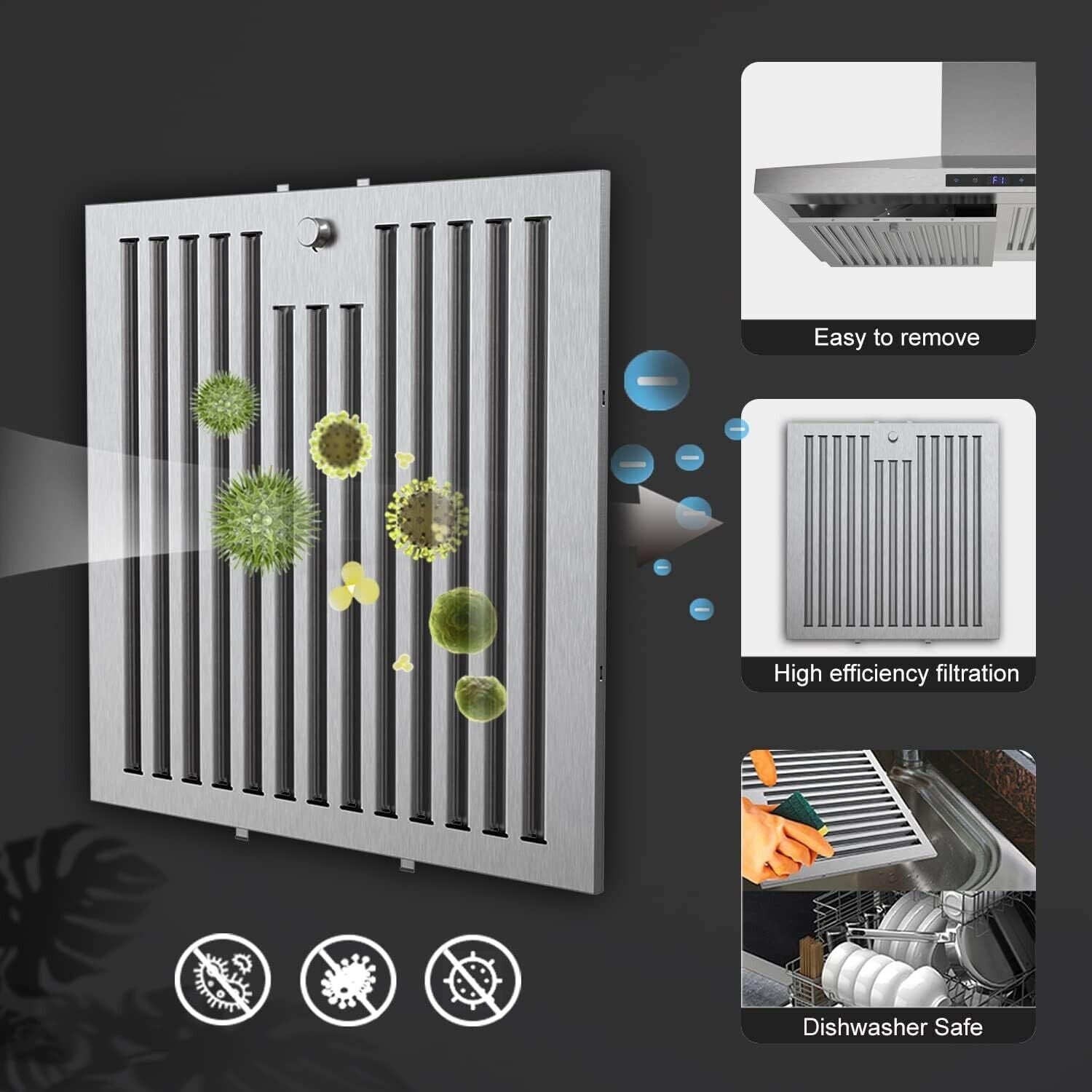 Tieasy 36in Wall Mount Hood Stainless Steel Kitchen Stove Vent 700CFM 3-Speed Fan - 1090