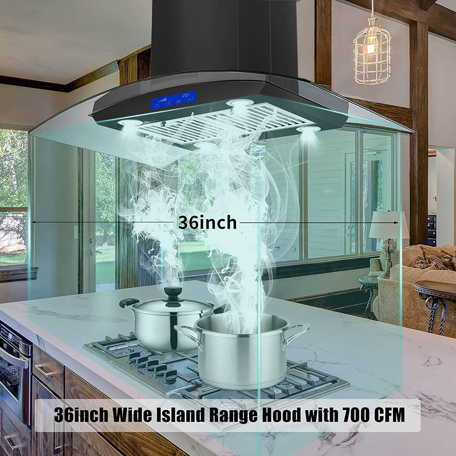 Tieasy 36 inch Island Mount Range Hood 700CFM with 4 LED Lights and Baffle filter