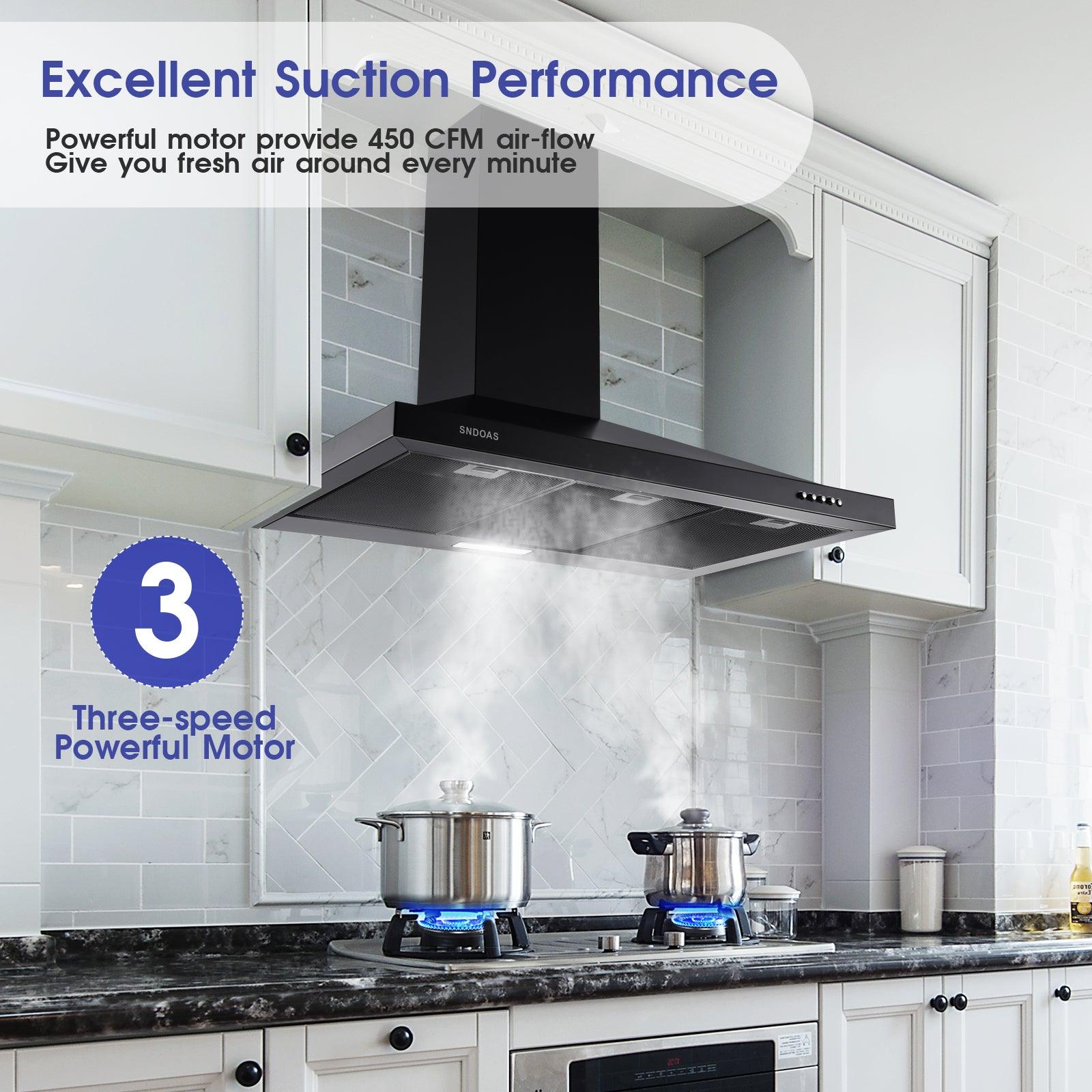 Tieasy 36 inch Wall Mount Range Hood Black 450 CFM Stove Vent with 3 Speed Fan