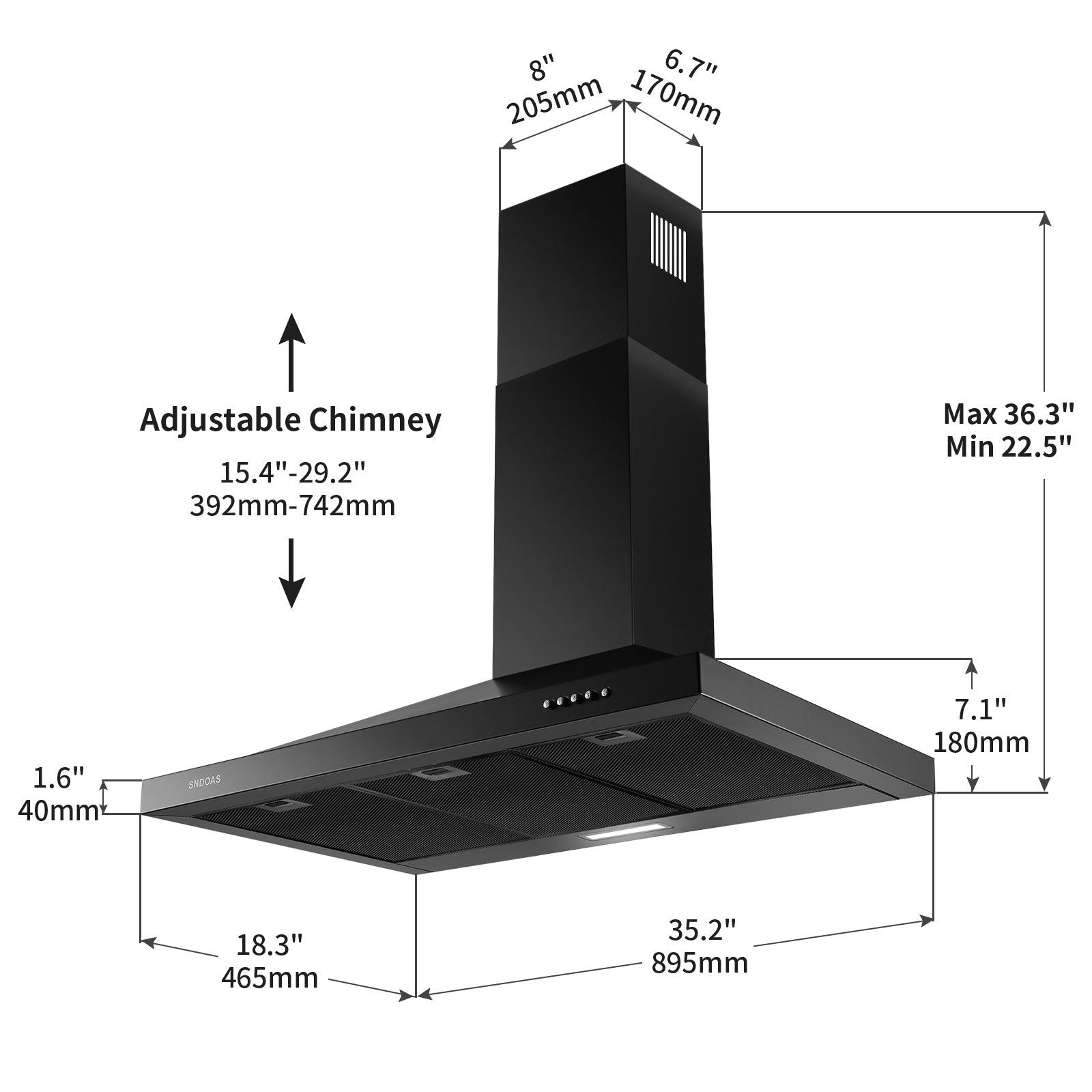 Tieasy 36 inch Wall Mount Range Hood Black 450 CFM Stove Vent with 3 Speed Fan