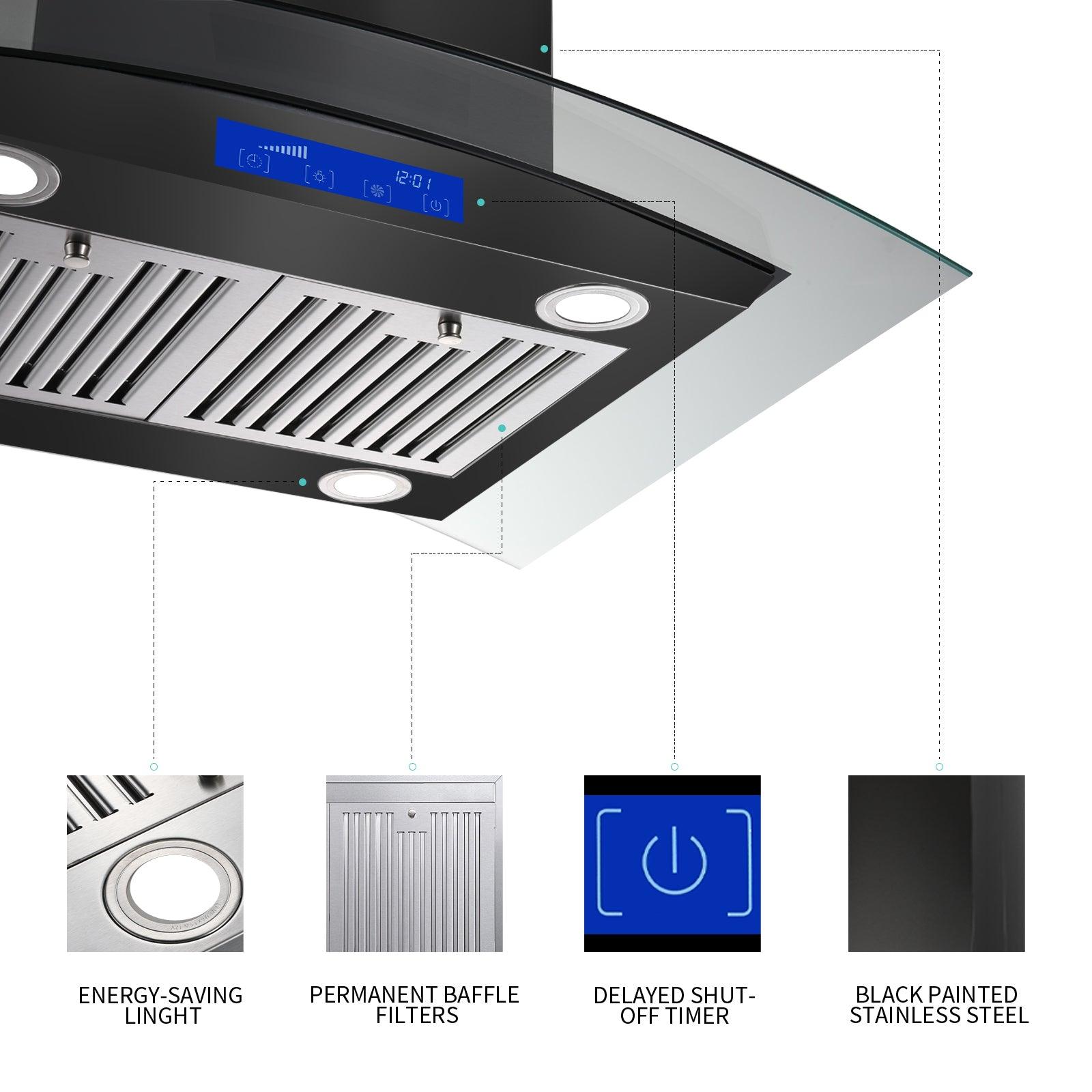 Tieasy Island Range Hood 30 inch Range Hood Black 700 CFM 3 Speed Fan Touch Panel