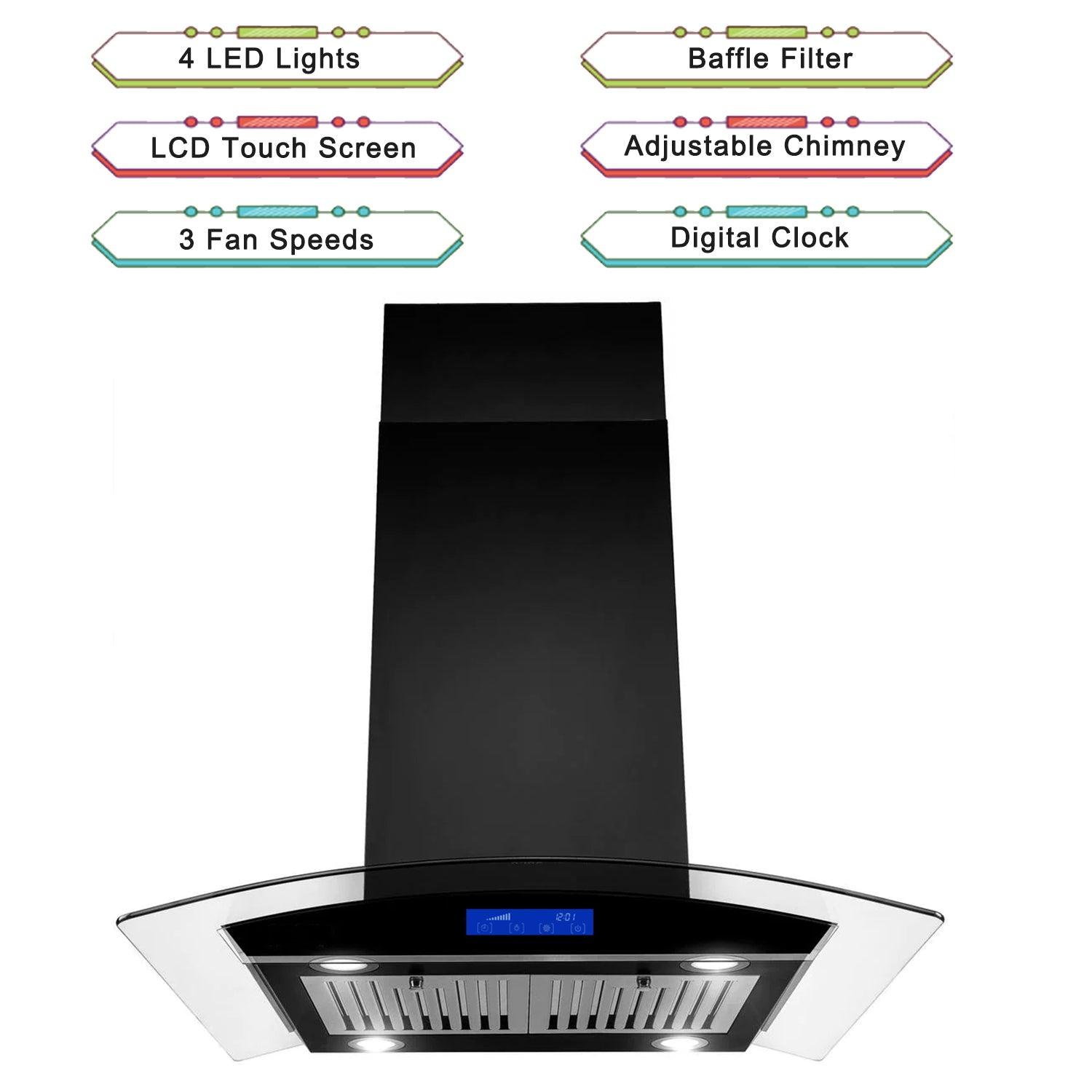 Tieasy Island Range Hood 30 inch Range Hood Black 700 CFM 3 Speed Fan Touch Panel