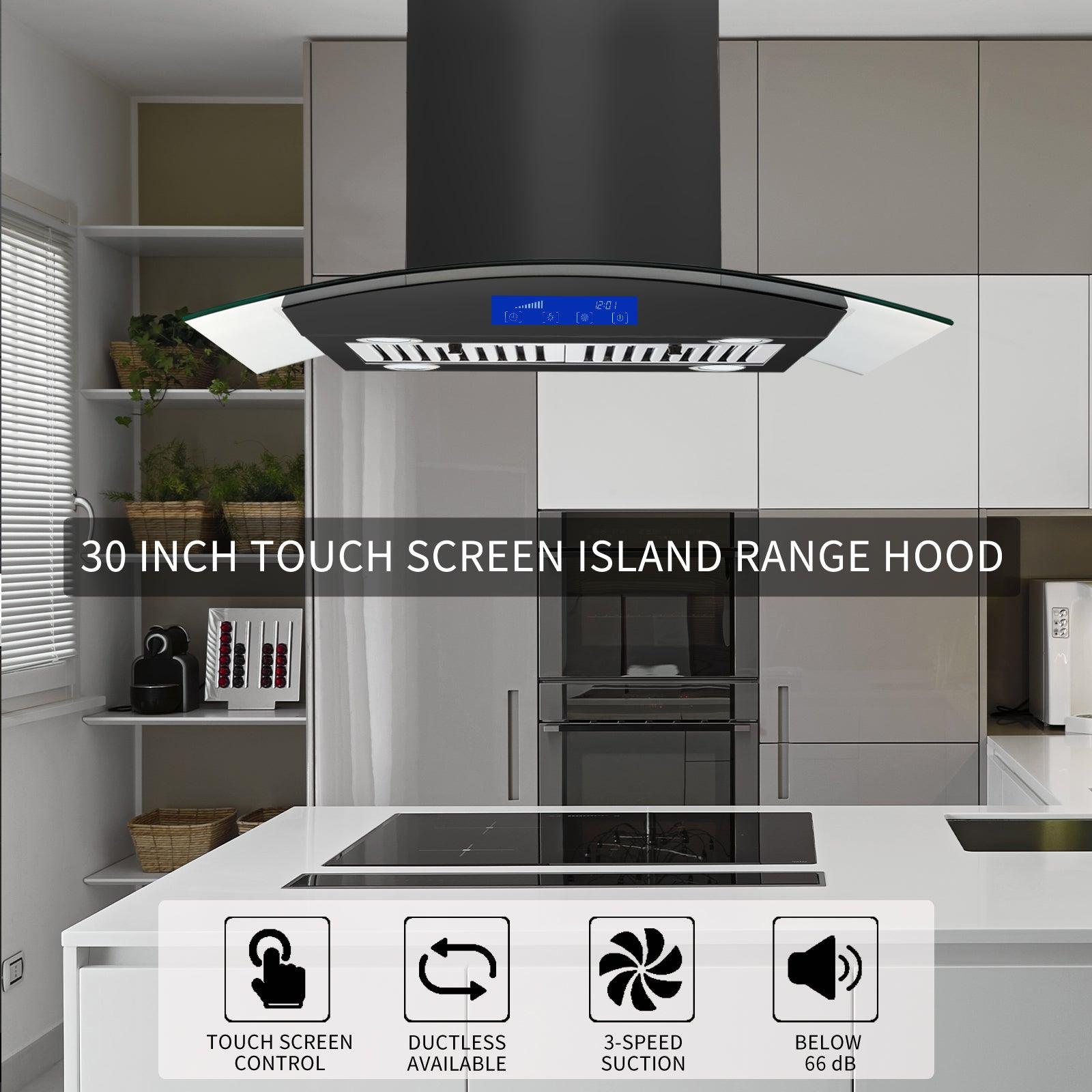 Tieasy Island Range Hood 30 inch Range Hood Black 700 CFM 3 Speed Fan Touch Panel