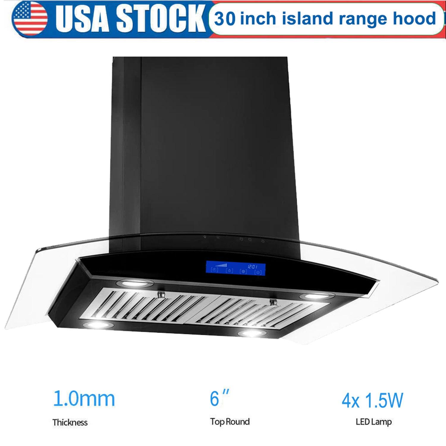 Tieasy Island Range Hood 30 inch Range Hood Black 700 CFM 3 Speed Fan Touch Panel