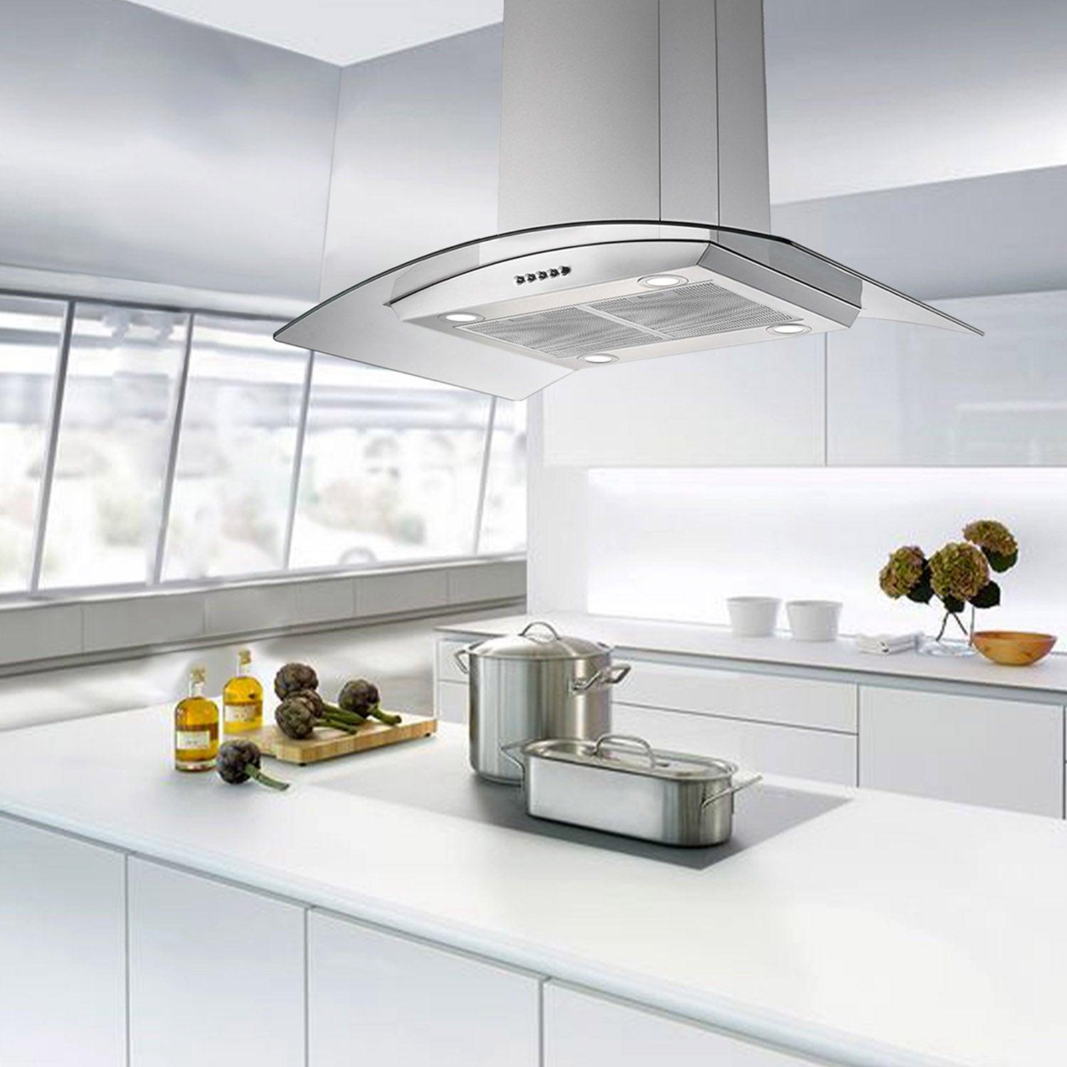 Tieasy 36 inch Island Range Hood 700 CFM, 4 LED Lights 5-Layer Filters, Kitchen Hood Ducted/Ductless Convertible