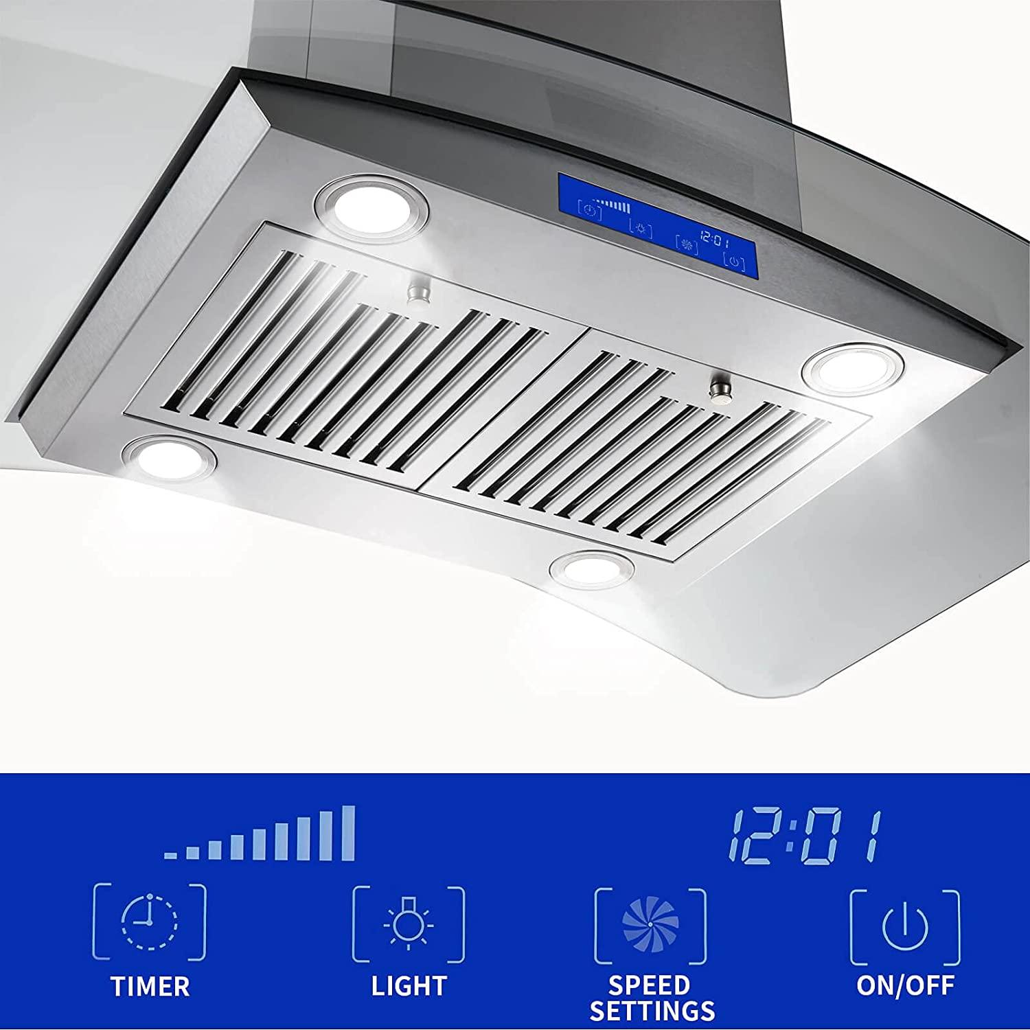 Tieasy 36 Island Range Hood 700CFM Stainless Steel Convertible, Ceiling Vent  Hood with Tempered Glass, 3-Speed Exhaust Fan, LED lights, LCD Display  Touch Panel and Permanent Grease Filters