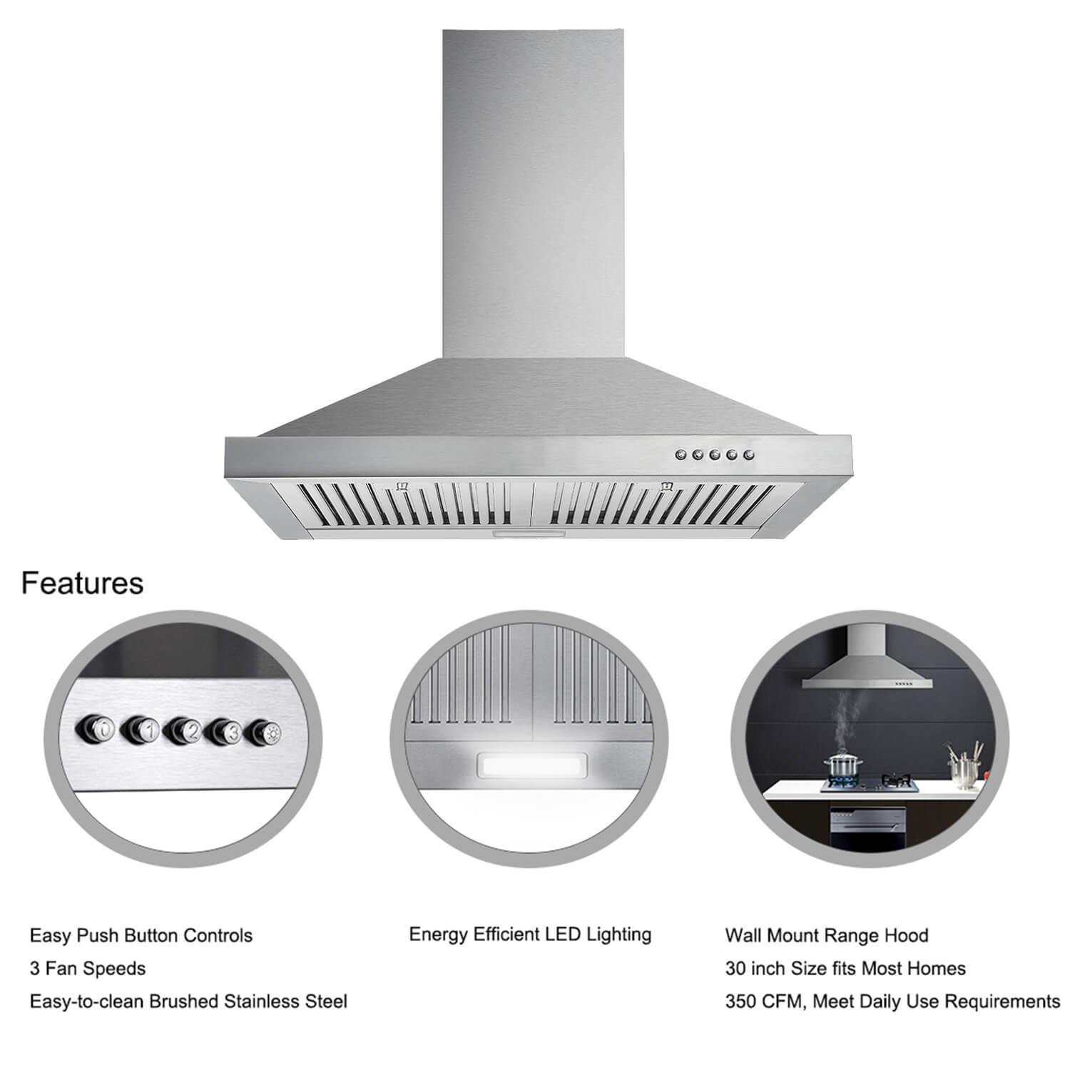 tieasy 30 inch Wall Mount Range Hood 450 CFM Stainless Steel 3 Speed Exhaust Fan